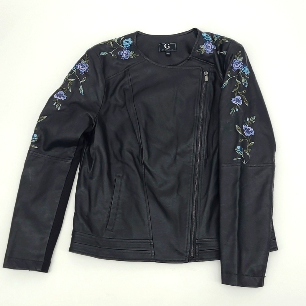 G by Giuliana Black Faux Leather‎ Floral Embroidered Moto Jacket Large